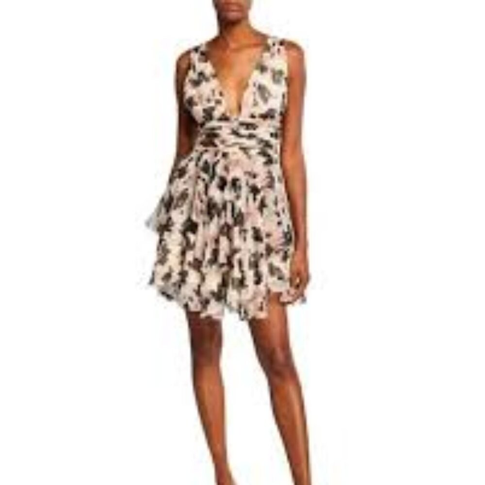 Caroline Constas Paros Floral Tiered Dress Beige/Black Silk SIze XS